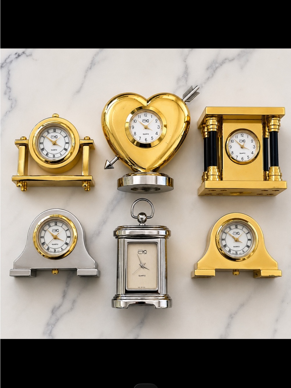 New Gold & silver brass miniature desk clocks -buyer gets all 6